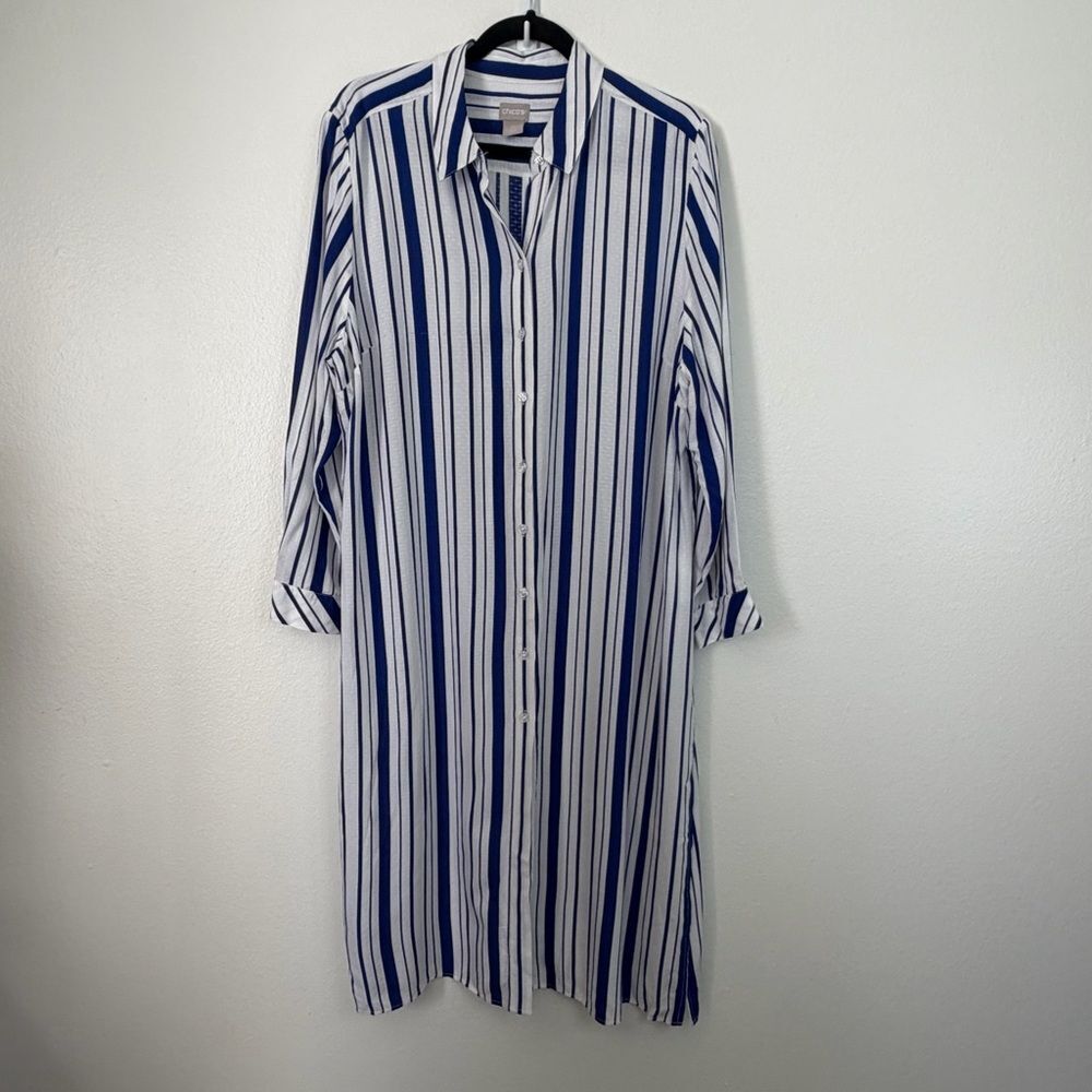 Chico’s Shirt Dress Blue And White Stripe Rayon Lightweight Sz 3P (XL 16) Petite